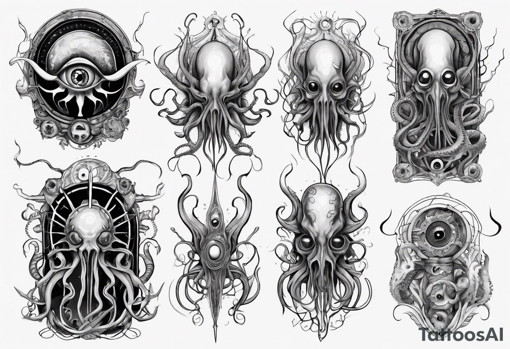 lovecraft long tattoo to put on the forearm, with eye and tentacle tattoo idea