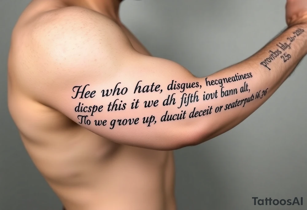 proverbs 26: 25-26
He who hates, disguises it with his lips, And lays up deceit within himself,Their hatred may be concealed by deception, but their wickedness will be exposed in the assembly tattoo idea