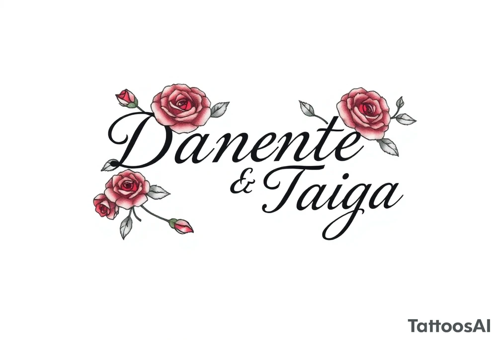 names "Dante" and "Taiga" surrounded by roses tattoo idea