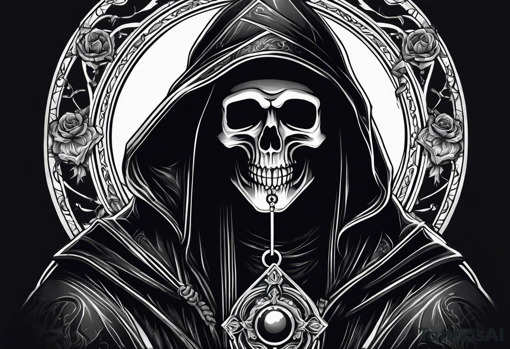 Grim reaper holding rosary with creepy design tattoo idea Grim reaper holding rosary with creepy design tattoo idea