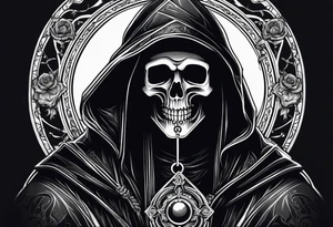 Grim reaper holding rosary with creepy design tattoo idea