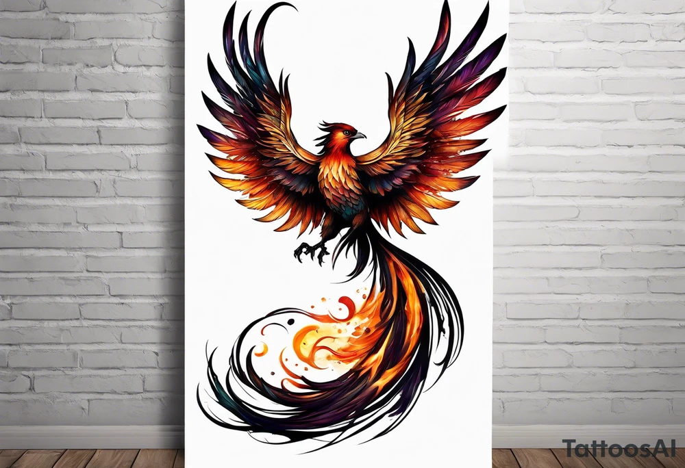 Phoenix on hip down into thigh with quote "from the Ashes I rise" long tail featgers tattoo idea