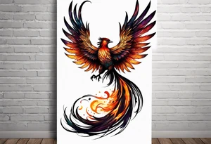Phoenix on hip down into thigh with quote "from the Ashes I rise" long tail featgers tattoo idea