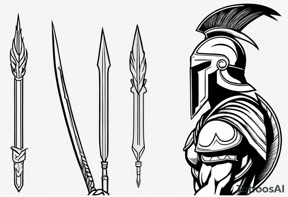 rectangular landscape format ultra-fine line linework vector of a spartan from the side, spartan spear, spartan shield, laurel wreath tattoo idea