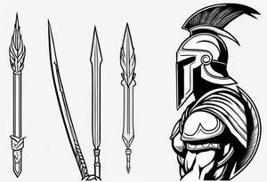 rectangular landscape format ultra-fine line linework vector of a spartan from the side, spartan spear, spartan shield, laurel wreath tattoo idea
