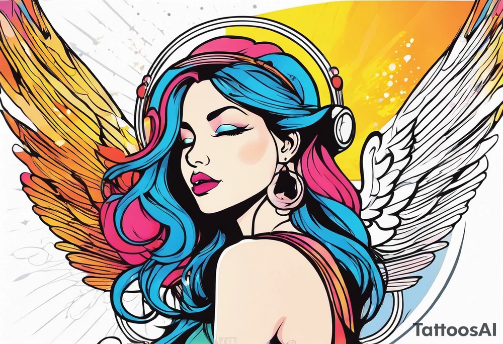 comic book style art, girl angel side profile, with wings, with floating halo, anime style tattoo idea