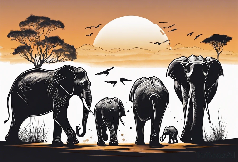 family of 6 elephants walking into sunset after one of them has died tattoo idea
