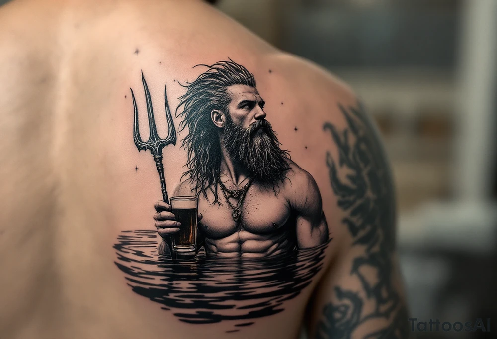 young, fit poseidon in calm water, holding a trident, drinking a beer, looking at the sky tattoo idea