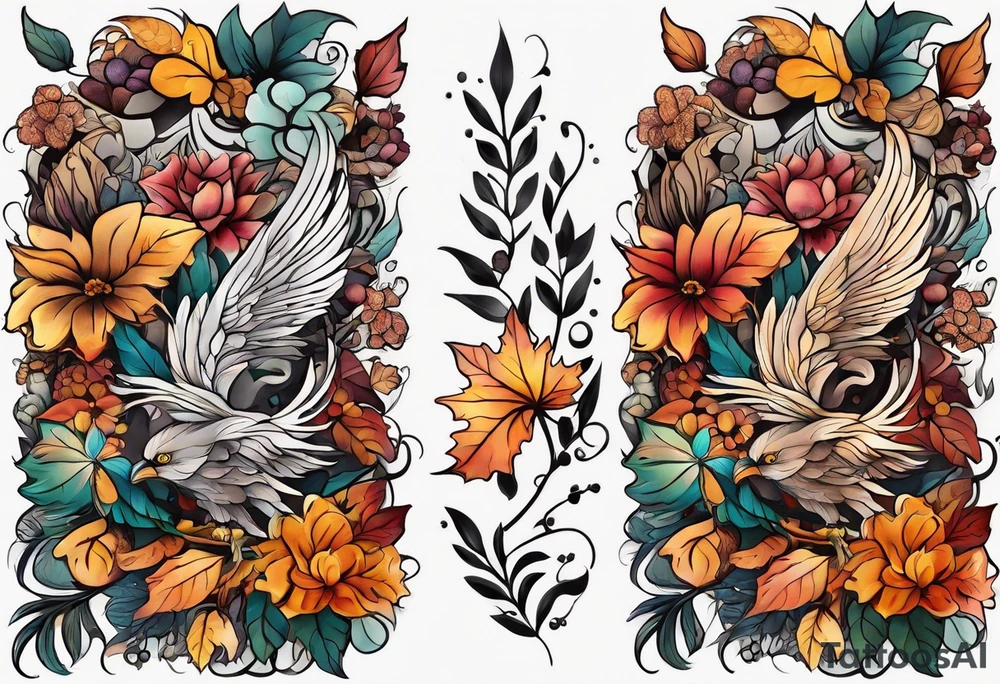 Full arm sleeve with fall colors, flowers, leaves and shapes tattoo idea