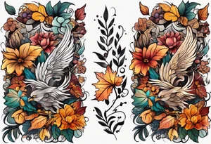 Full arm sleeve with fall colors, flowers, leaves and shapes tattoo idea