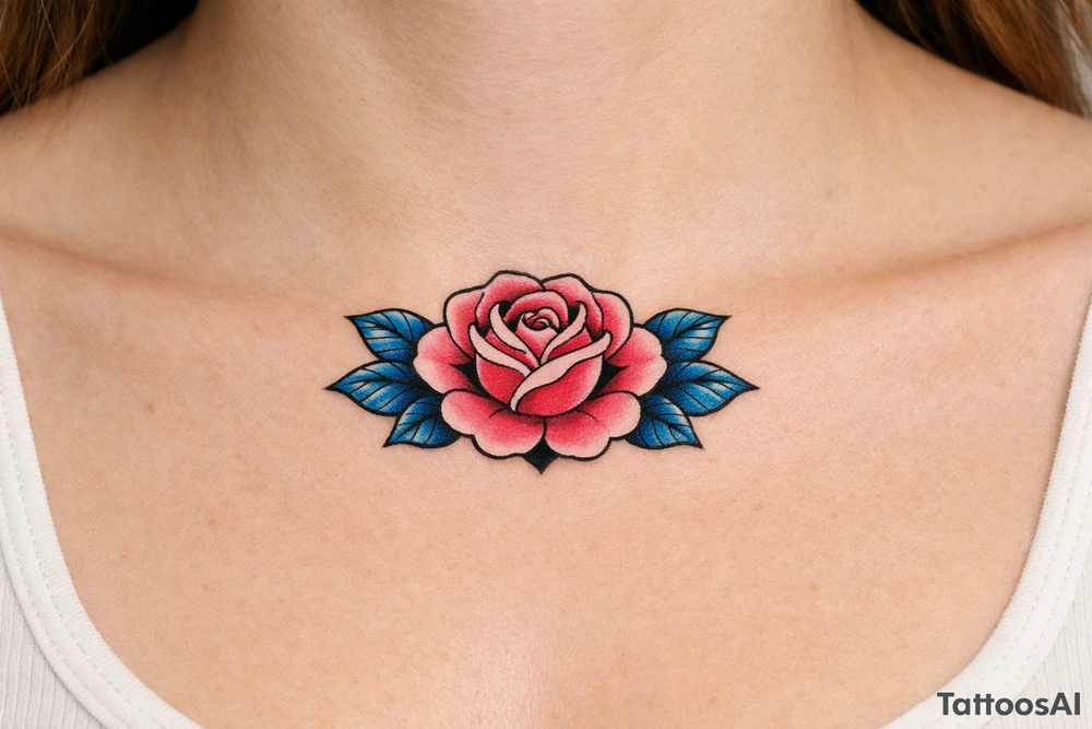 Pink rose , blue leaves no stem tattoo idea