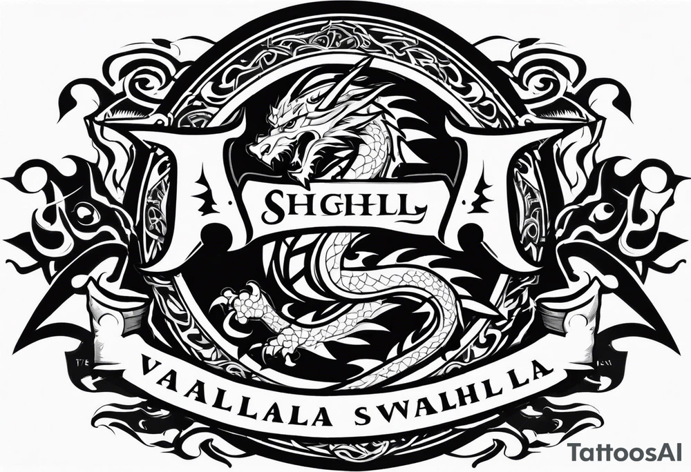Valhalla sword shield dragon head axe tattoo idea