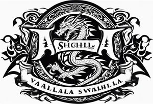 Valhalla sword shield dragon head axe tattoo idea