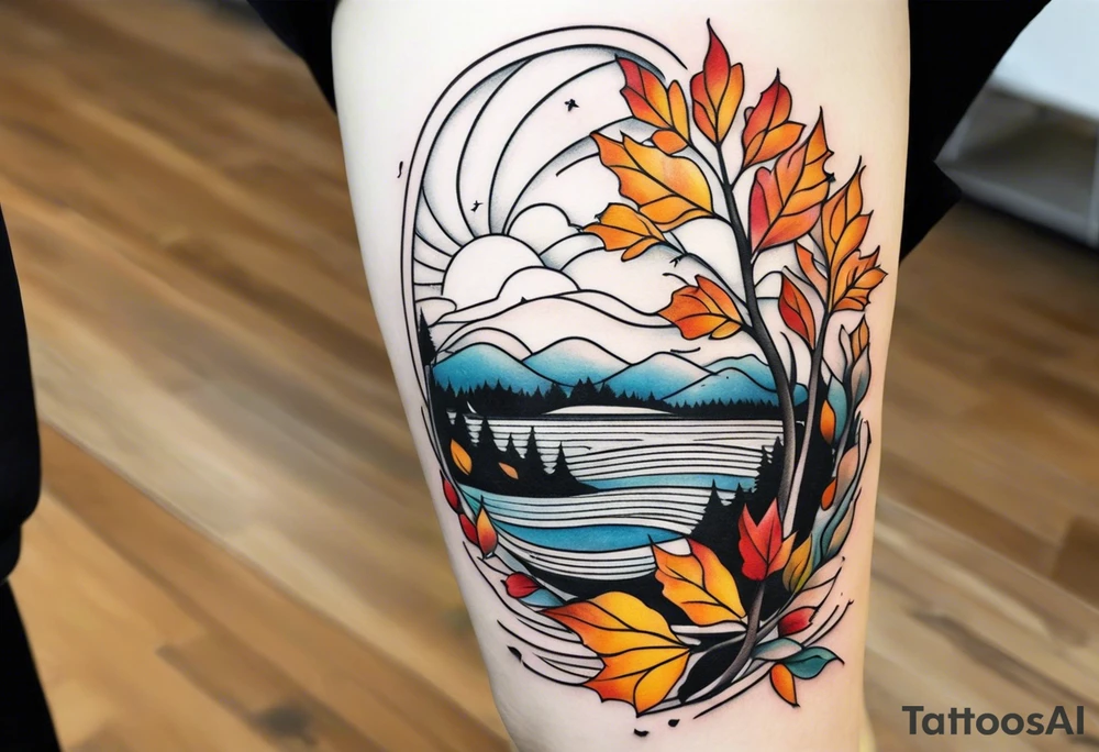 Knee tattoo with fall colors showing leaves, water flow and sky tattoo idea