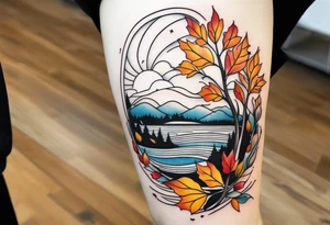 Knee tattoo with fall colors showing leaves, water flow and sky tattoo idea
