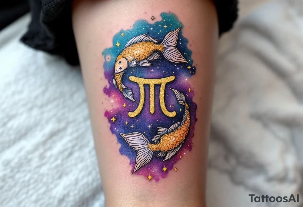 A Pisces glyph in gold sparkles above a constellation shaded in dreamy purples and celestial blue. tattoo idea