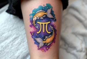 A Pisces glyph in gold sparkles above a constellation shaded in dreamy purples and celestial blue. tattoo idea