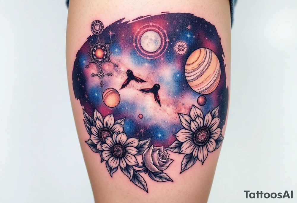 Milky way galaxy with planets with zodiac symbols and protection runes in it with tigerlillies roses and sunflowers tattoo idea
