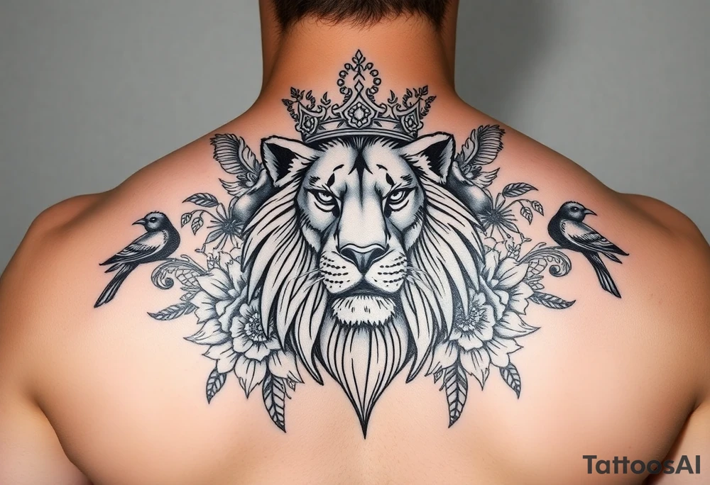 powerful majestic lion with a crown, surrounded by floral ornaments and birds tattoo idea