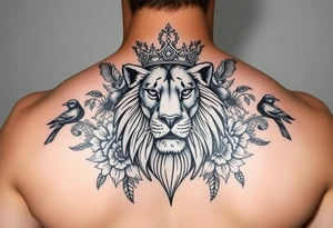 powerful majestic lion with a crown, surrounded by floral ornaments and birds tattoo idea