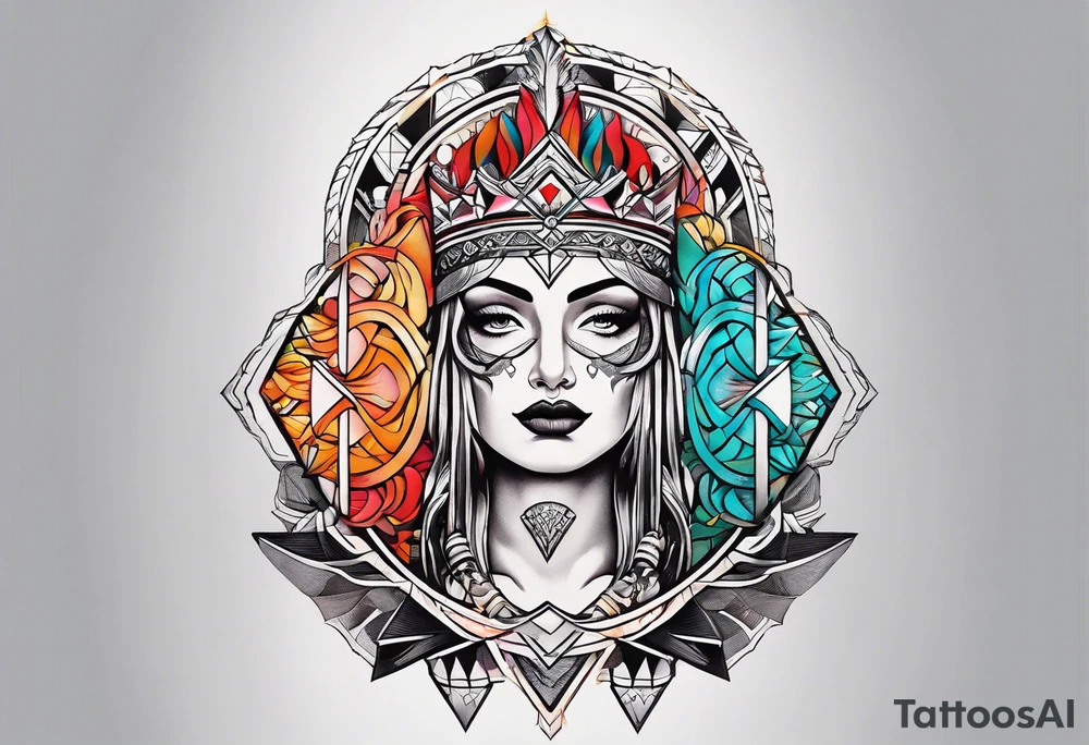 Bold geometric tapestry trident in colour on arm tattoo idea