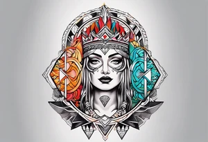 Bold geometric tapestry trident in colour on arm tattoo idea