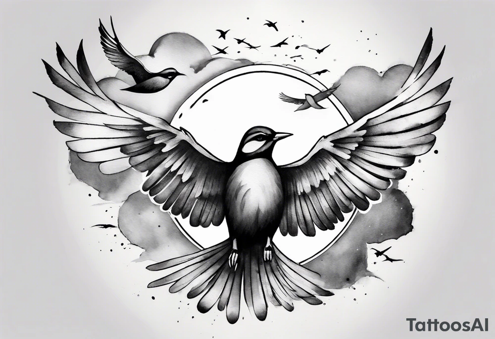 shoulder tattoo with light rays with birds flying free among the clouds, round shape, 3d effect tattoo idea