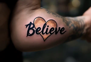 A strong, black "Believe" with a shimmering gold heart behind it, symbolizing belief in love and connection. tattoo idea