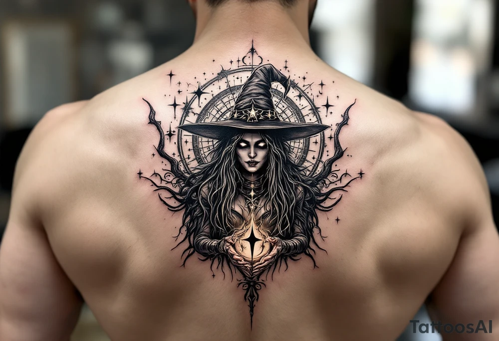 powerful wicca witch surrounded  with magic tattoo idea