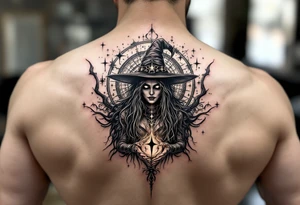 powerful wicca witch surrounded  with magic tattoo idea