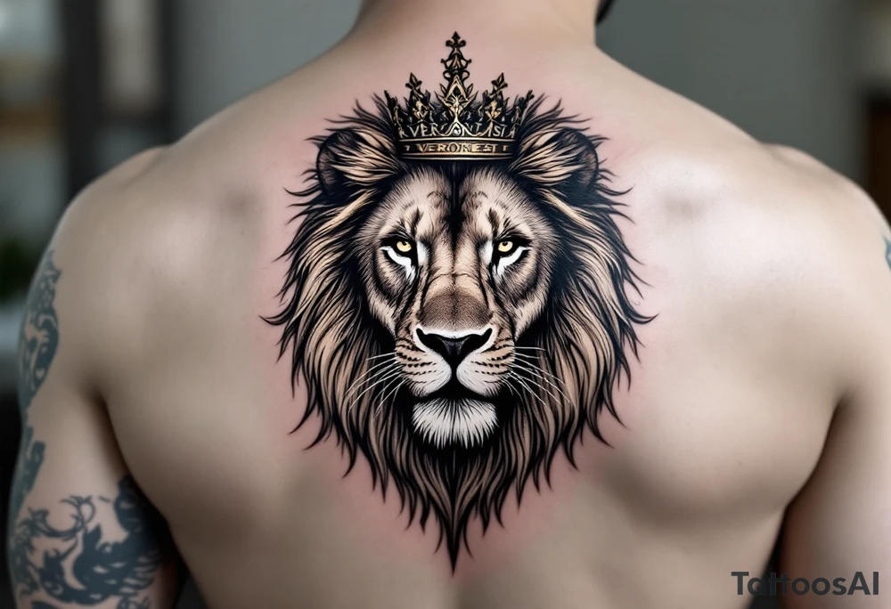 Realistic lion with crown and "VERONESI" name add on it tattoo idea