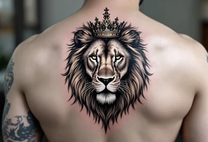 Realistic lion with crown and "VERONESI" name add on it tattoo idea