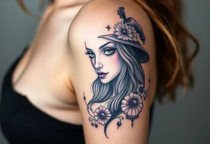 A witches portrait with purple accents and halloween ornaments tattoo idea