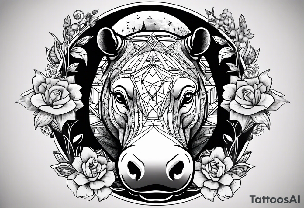 Hippo, flowers, moon, interstella, artic surreal, 
Extreme fine lines, +tribal, +geometric, develop from my favourites tattoo idea
