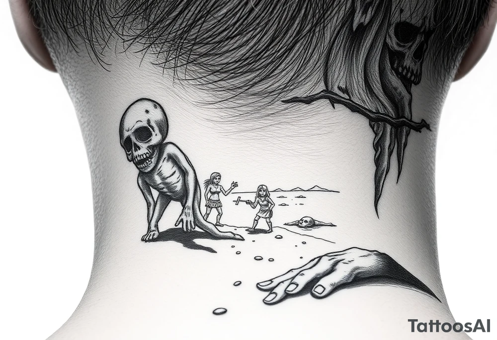 Mexican zombie outbreak on  island of the dolls wile satan watches from a distance tattoo idea