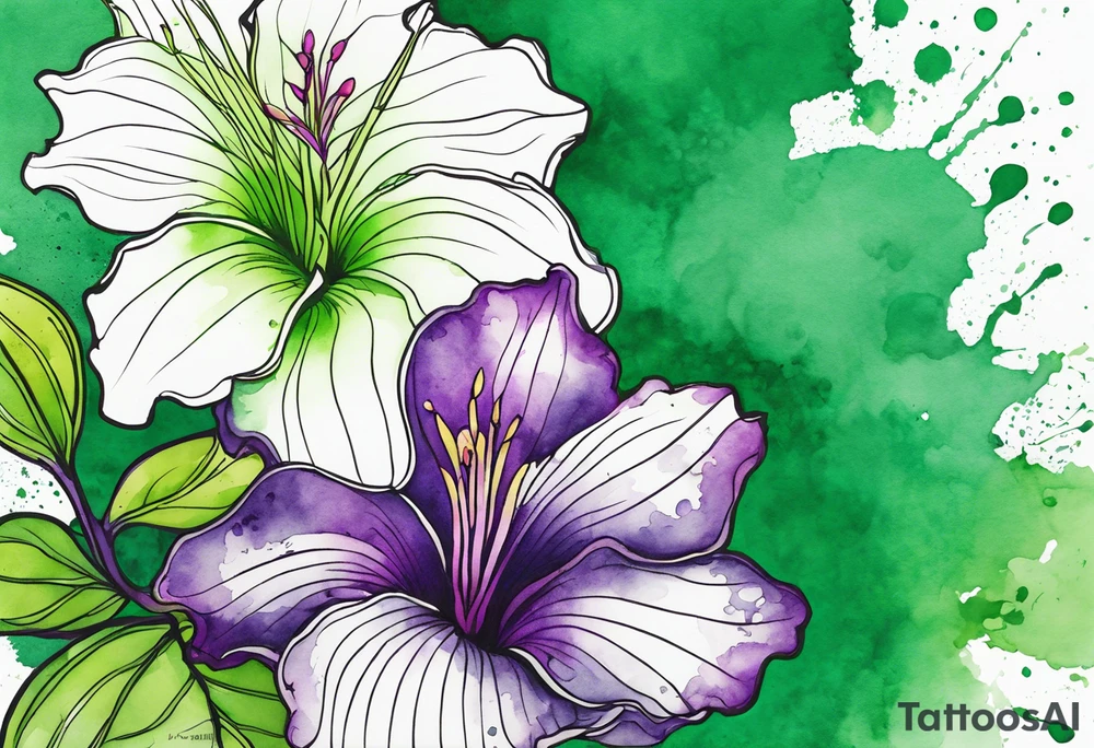 An outline of a green rio dipladenia flower and a green and purple watercolor splash in the background tattoo idea