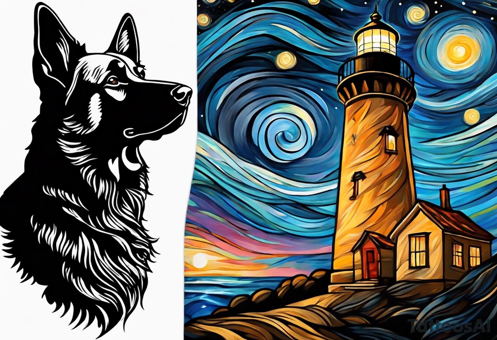 A silhouette of a german shephard, and an adult human male, looking up at a night sky in the style of Van Gogh Starry Night with a lighthouse in the background. Make the image twice as tall as it is wide. tattoo idea
