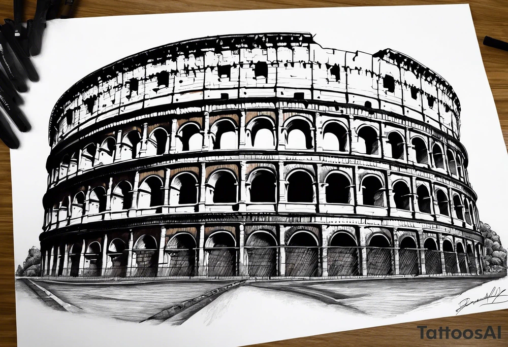 Roman colosseum with clock above Roman numerals tattoo idea