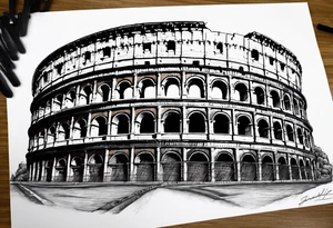 Roman colosseum with clock above Roman numerals tattoo idea