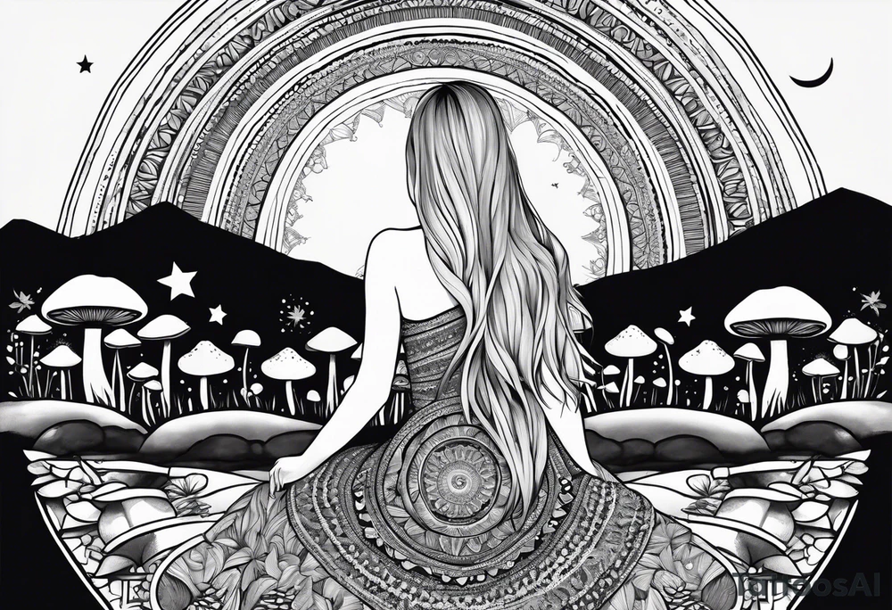 Straight blonde hair girl facing away toward mountains surrounded by mushrooms crescent moon mandala circular design black and white striped dress figure 8 tattoo idea