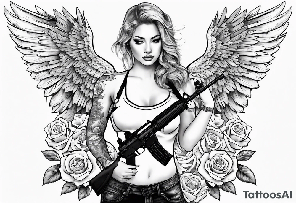 Beautiful angle standing with wings and tattoos surrounded by roses holding a ak 47 tattoo idea