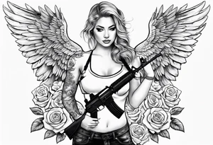 Beautiful angle standing with wings and tattoos surrounded by roses holding a ak 47 tattoo idea