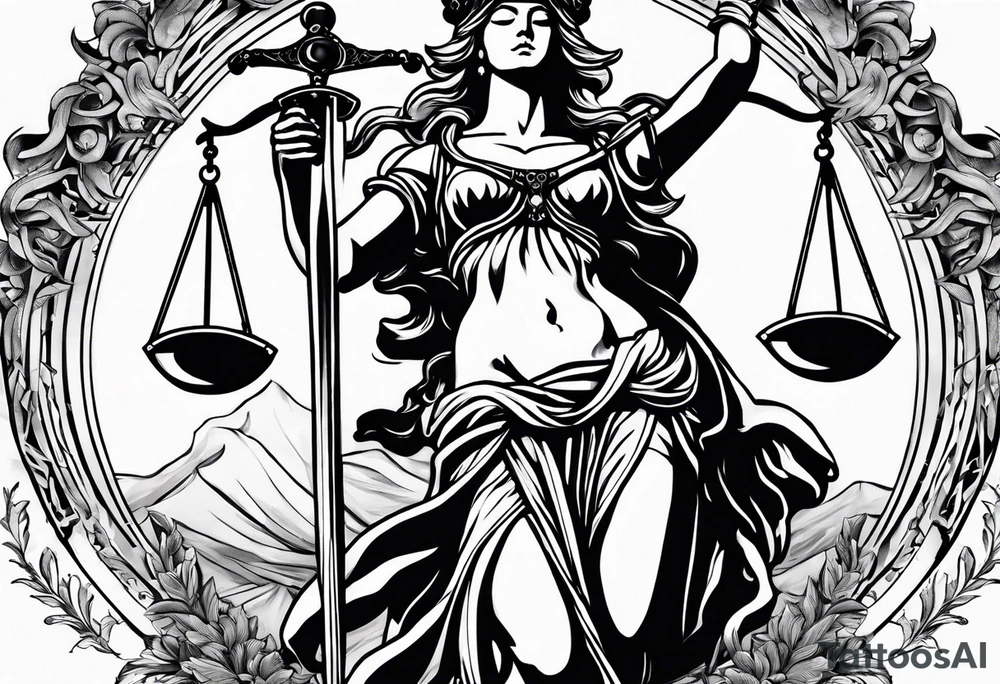 Lady justice with blindfolded eyes, holding a sword in the one hand and a libra in the other tattoo idea