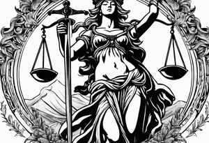 Lady justice with blindfolded eyes, holding a sword in the one hand and a libra in the other tattoo idea