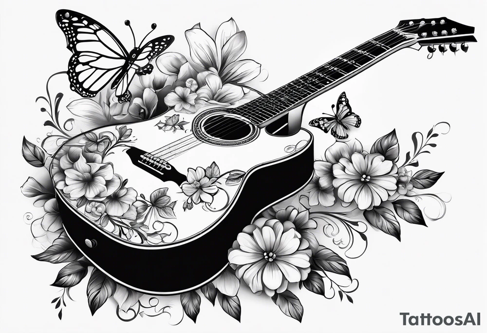 Guitar with flowers growing off the side, butterflies, small tattoo idea