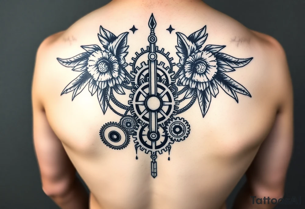 Can you help me design my next tattoo? I already have Polynesian-style tattoos covering left shoulder blade and second in the middle of back going along the spine up till my neck, and I’m looking for ideas to fill the white space between them. I haven’t been able to come up with anything that works. The white space are starts from the neck, goes between the shoulderblades and goes all the way from the sides to my lower back.

I’d like the new elements to be in a different style than Polynesian, but still visually cohesive so they complement the existing tattoos rather than clash with them. Maybe steampunk, pipes, cords cogs and so on tattoo idea
