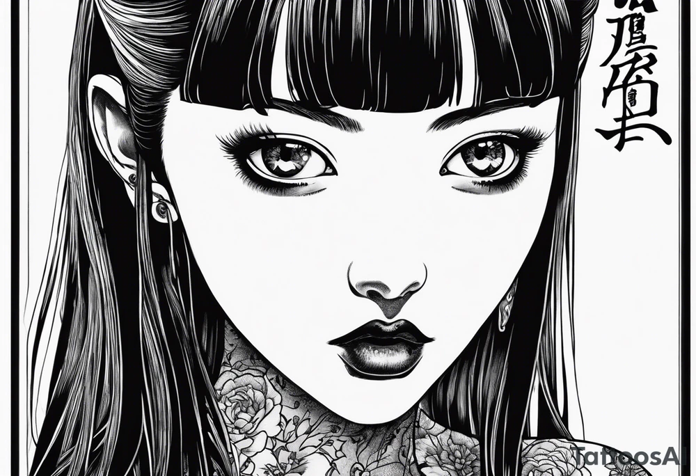 portrait of tomie a character by the horror author junji ito full body standing menacingly.  a mole below her left eye tattoo idea