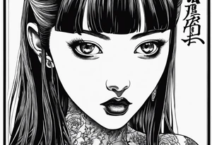 portrait of tomie a character by the horror author junji ito full body standing menacingly.  a mole below her left eye tattoo idea