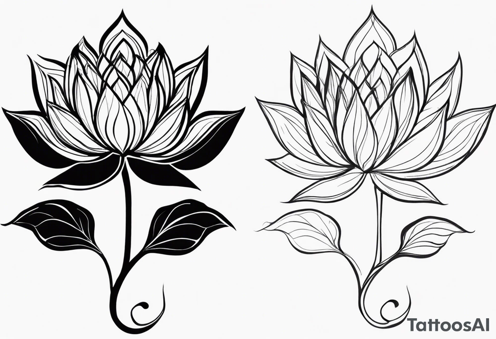Make a strong and abstract looking lotus flower that will take up the upper left portion of my back. you will see within the lotus’s leaves should a rocky area to symbolize strength, a helix to symbolize resiliency and a Greek delta to symbolize transformation. The tattoo should overall represent resiliency and strength and present a strong, firm foundation that displays strength in the face of trauma. The lotus will be the focal point with the other elements naturally included. Make sure to also be able to identify the rock, the helix and the delta symbol tattoo idea