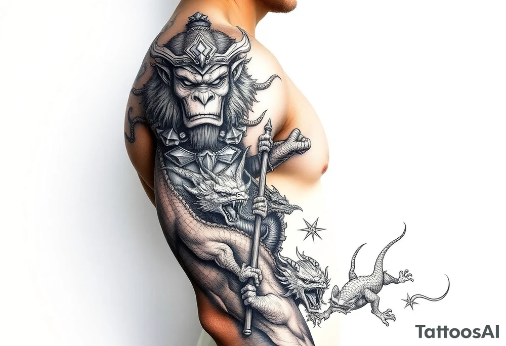 Aggressive powerfully armoured sun wukong monkey king on shoulder half fighting dragons and demons on lower arm with staff tattoo idea